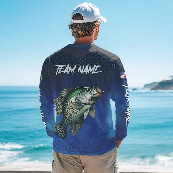 Blue camo Crappie fishing Custom performance long sleeve team Crappie fishing tournament shirts NQS7717
