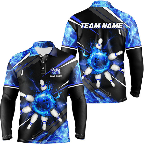 Black and Blue Flame Bowling ball pins Mens polo, Quarter zip Shirts Custom team Bowling jerseys NQS7972