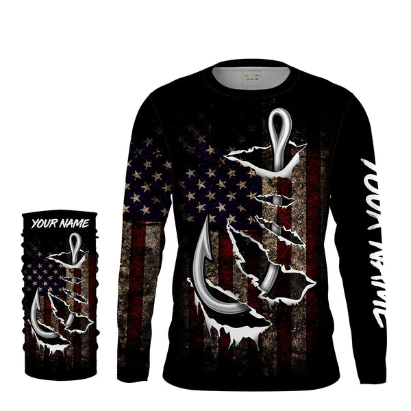 US Fishing 3D Fish Hook American Flag patriotic UV protection customize name long sleeves shirts UPF 30+ fishing apparel NQS2161