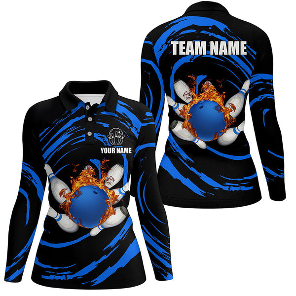 Blue flame bowling ball and pins Women bowling polo shirts Custom Team female bowling outfit NQS7235