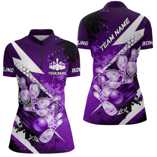 Purple grunge lightning Bowling Polo, Quarter Zip shirt For Women Custom Team Bowling Jerseys NQS8661