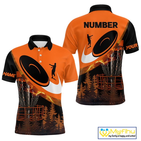 Black and Orange Mens Disc golf polo shirts Custom Disc Golf basket forest tree, Disc Golfer Gift NQS10820