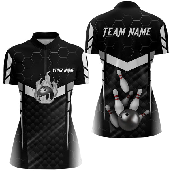 Personalized Bowling Polo, Quarter Zip Shirts For Women Custom Bowling Team Jerseys | Black NQS8479