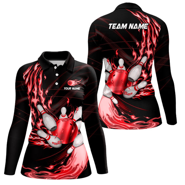 Black Womens bowling shirts Custom Red flame Bowling ball and pins Team league bowler Jerseys NQS8484