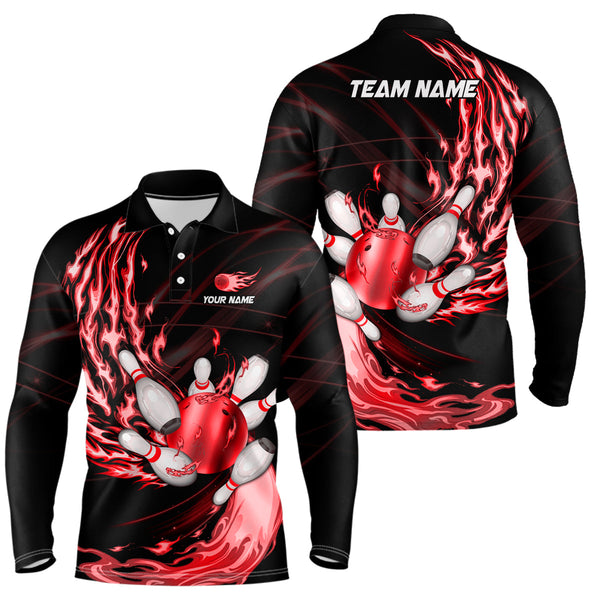 Black Mens bowling shirts Custom Red flame Bowling ball and pins Team league bowler Jerseys NQS8484