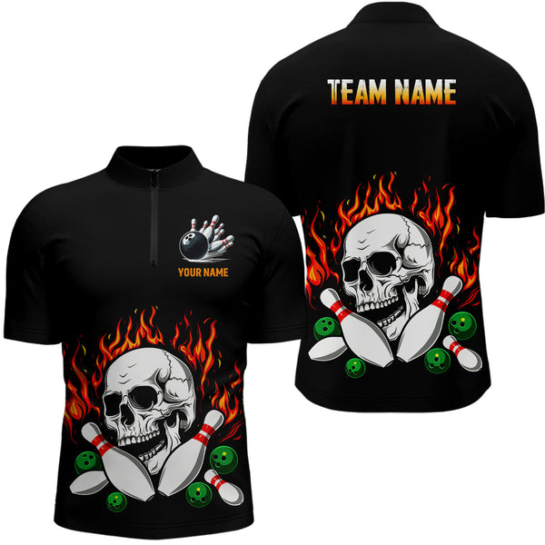 Flame Bowling skull Mens bowling polo, quarter zip shirts Custom Team bowling Jerseys, bowling gifts NQS7649