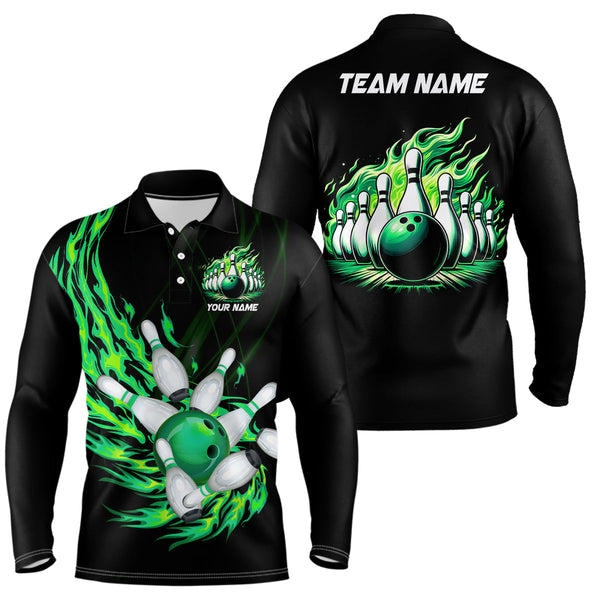 Green flame bowling ball and pins custom Men Bowling Polo Shirts, team mens bowling jerseys NQS7516