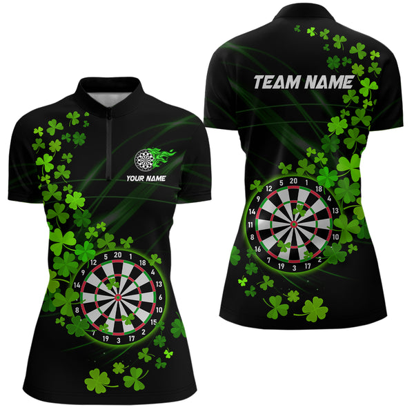 Green shamrock Lucky Darts Polo, Quarter-Zip Shirts For Women Custom St Patrick day Dart Team Jerseys NQS9458