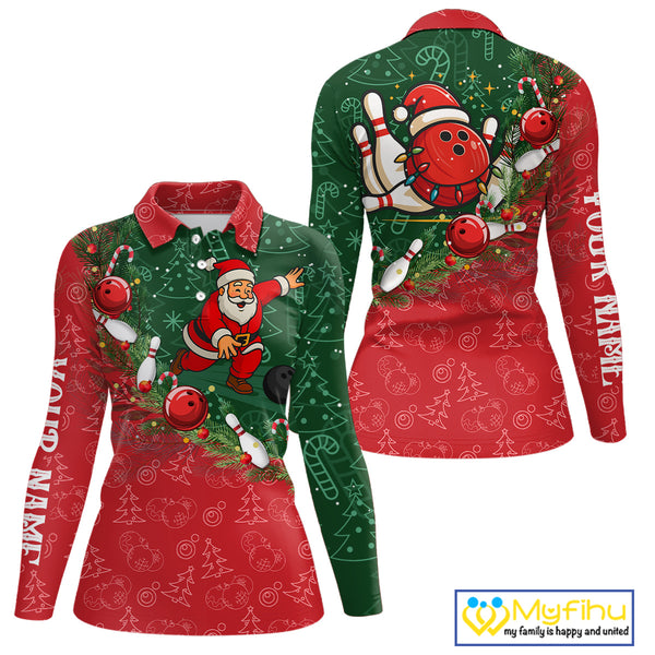 Christmas Santa Women Bowling Polo, Quarter Zip Shirt Custom Christmas Team Bowling outfit For Ladies NQS10342