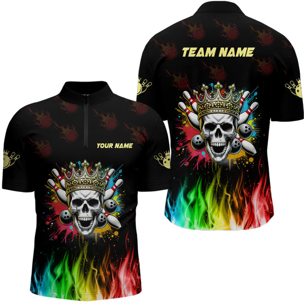 Colorful Flame Skull Bowling Polo, Quarter Zip Shirt For Men Custom Bowling Team League Jerseys NQS8402