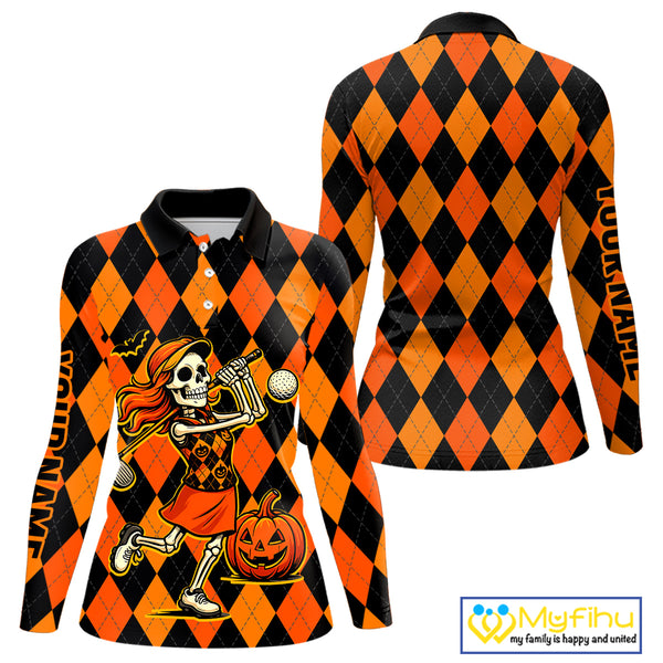Funny Women golf polo shirt custom orange and black argyle plaid Halloween Skull ladies golf attire NQS10355
