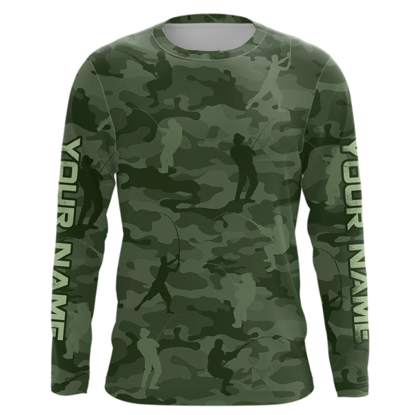 Personalized green fishing camo Performance long sleeve Fishing Shirts, team fishing tournament jersey NQS6943