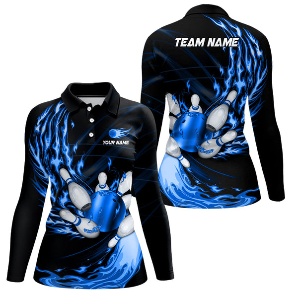 Womens bowling polo shirts Custom blue flame Bowling ball and pins Team league bowler Jerseys NQS6977