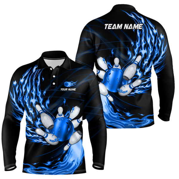 Mens polo bowling shirts Custom blue flame Bowling ball and pins Team league bowler Jerseys NQS6977
