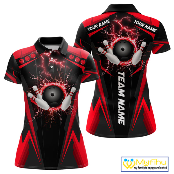 Black Women bowling Polo, Quarter Zip shirt Custom lightning thunder team league bowling jersey | Red NQS10373