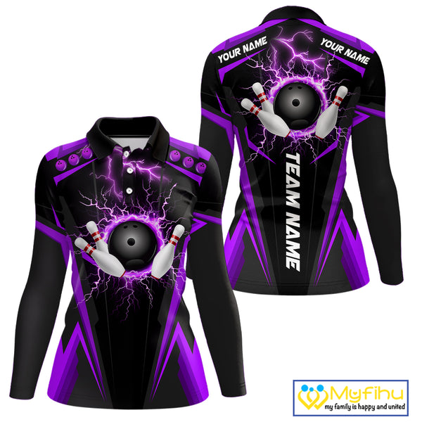 Black Women bowling Polo, 1/4 Zip shirt Custom lightning thunder team league bowling jersey | Purple NQS10375