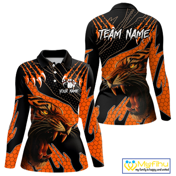 Personalized Tiger Bowling Team Women Polo, Quarter Zip Shirt, Black And Orange Tiger Bowling Jerseys NQS10398