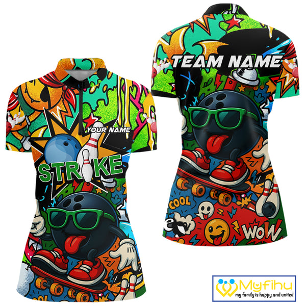 Custom Funny colorful pattern Bowling Team Polo, Quarter Zip Shirt For Women, Ladies Bowling Jersey NQS10094