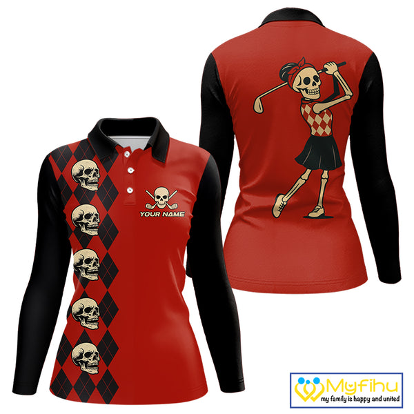 Red and Black argyle pattern Skull Golf Polo Shirts for Women Custom funny ladies golf outfit NQS10250
