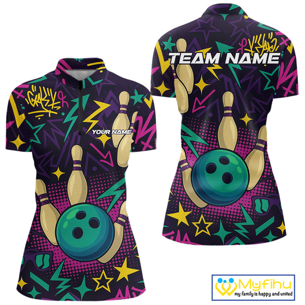 Custom purple graffiti pattern funny Bowling shirts for Women, bowling team league jerseys with Name NQS10270