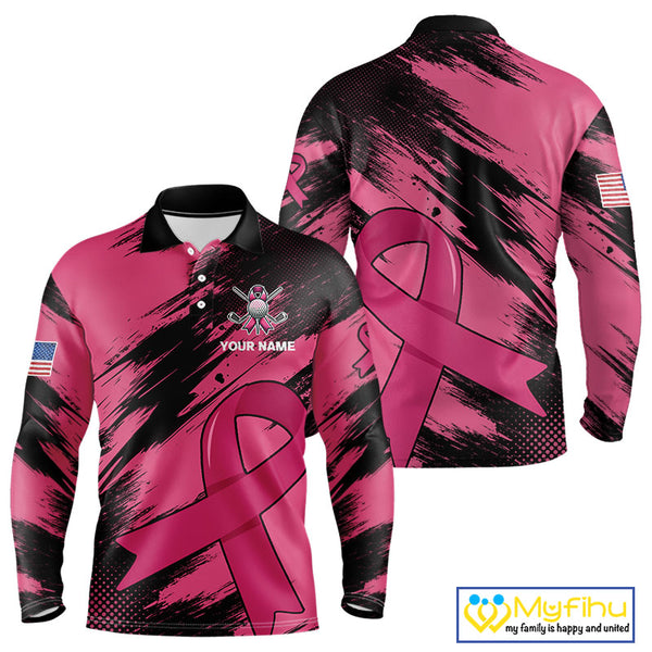 Black and Pink ribbon Men golf polo shirts Custom breast cancer American flag golf top for men NQS10140