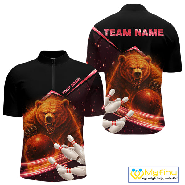 Custom Flame Bear Bowling Team Polo, Quarter zip Shirts For Men, Team Bowling Uniform NQS10321