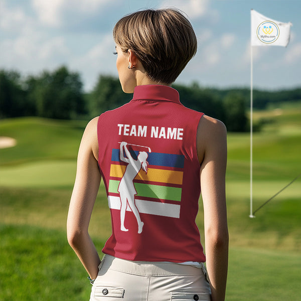 Retro colorful argyle pattern Women sleeveless polo shirt custom Team Golf Outfits for ladies | Red NQS10327