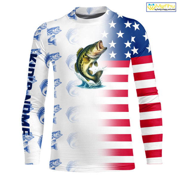 Red, White and Blue American Flag Bass Fishing custom patriotic Bass performance Fishing Shirts NQS10034