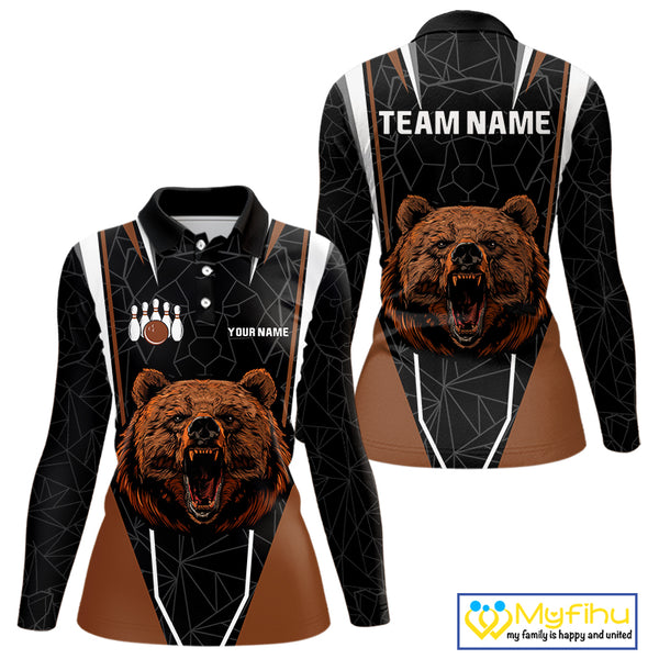 Personalized Bear Bowling Polo, Quarter Zip Shirts For Women, Bear Bowling Team Brown League Jersey NQS10344