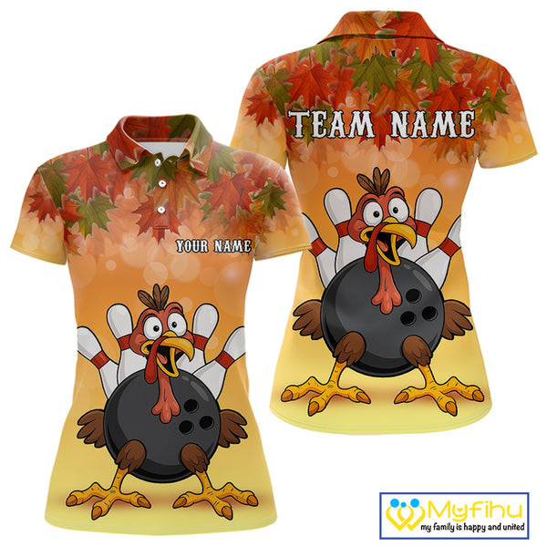 Custom Funny Turkey Bowling Shirt For Women, maple leaf pattern Thanksgiving Bowling Team Uniform NQS10368
