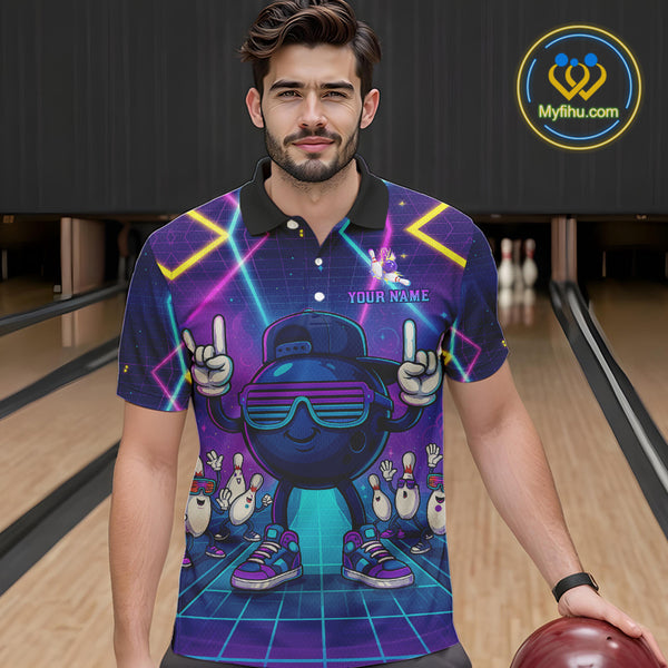 Purple neon stage funny Bowling polo, quarter zip shirts for Men Custom funny bowling team shirts NQS10299
