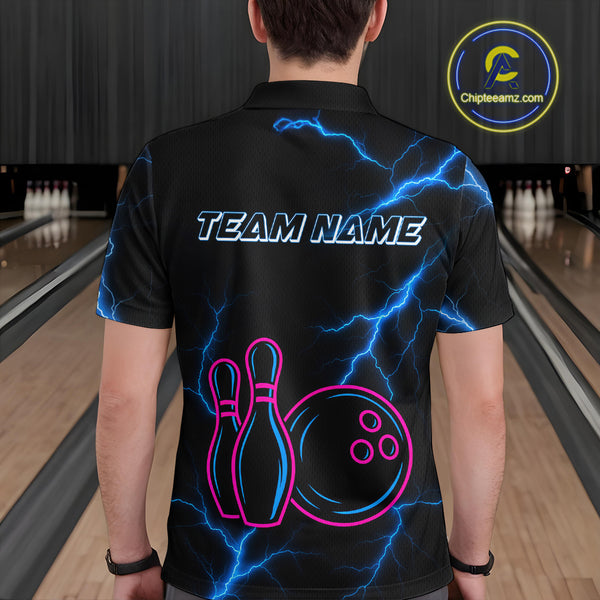 Blue lightning thunder pink neon Bowling Polo, Quarter Zip Shirts For Men Custom Bowling Team Jersey NQS10181