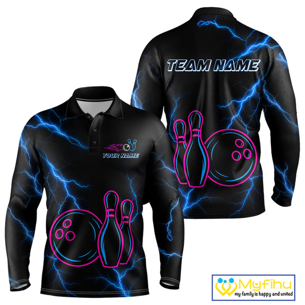 Blue lightning thunder pink neon Bowling Polo, Quarter Zip Shirts For Men Custom Bowling Team Jersey NQS10181