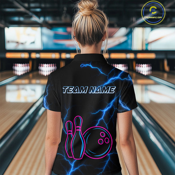 Blue lightning thunder pink neon Bowling Polo, Quarter Zip Shirt For Women Custom Bowling Team Jersey NQS10181