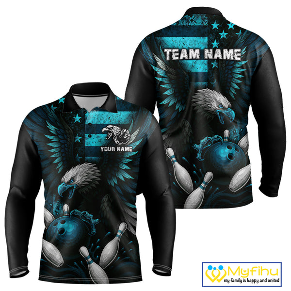 Custom Turquoise Vintage Us Flag Patriotic Eagle Bowling Shirt For Men, Retro Bowling Team Jerseys NQS10477