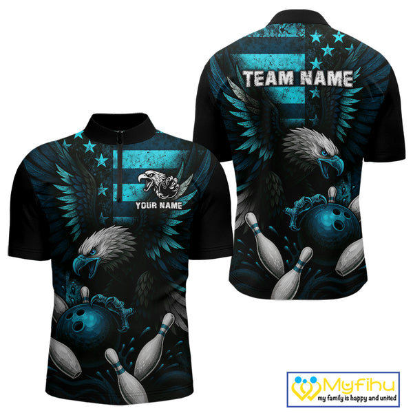 Custom Turquoise Vintage Us Flag Patriotic Eagle Bowling Shirt For Men, Retro Bowling Team Jerseys NQS10477