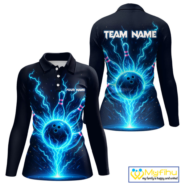 Blue Lightning Thunder Bowling Polo, Quarter Zip Shirts for Women Custom Team Bowling Shirts NQS10520