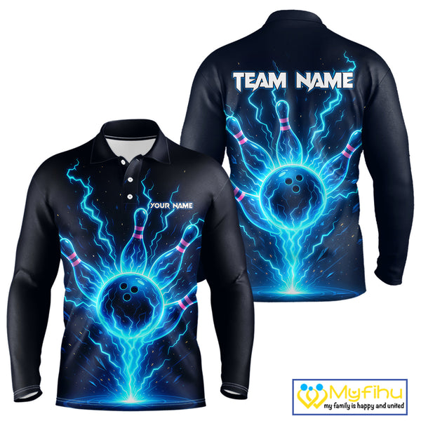 Blue Lightning Thunder Bowling Polo, Quarter Zip Shirts for Men Custom Team Bowling Shirts NQS10520