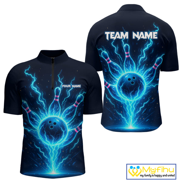 Blue Lightning Thunder Bowling Polo, Quarter Zip Shirts for Men Custom Team Bowling Shirts NQS10520