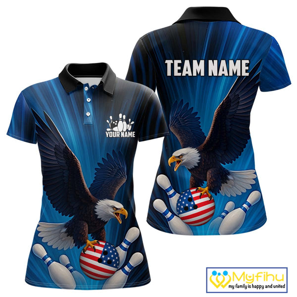 Blue Light Eagle American Flag Women Bowling Polo, 1/4 Zip Shirt Custom Patriotic Team Bowling jersey NQS10350