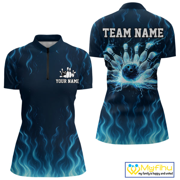 Blue flame lightning thunder Bowling polo, quarter zip shirts for Women custom Bowling team jerseys NQS10387