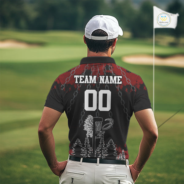 Black and Red Disc golf basket chain Men disc golf polo shirt custom number disc golf outfit for team NQS10438