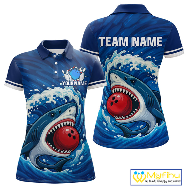 Custom Blue Shark Bowling Polo, Quarter Zip Shirts For Women, Shark Bowling Team League Shirt NQS10697