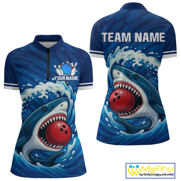 Custom Blue Shark Bowling Polo, Quarter Zip Shirts For Women, Shark Bowling Team League Shirt NQS10697