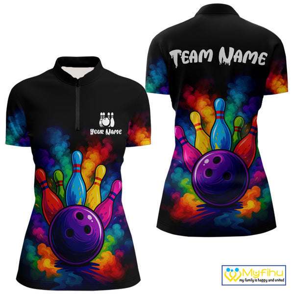 Custom Colorful Smoke Bowling Polo, Quarter Zip Shirt for Women, Bowling Uniform Team Bowling Jerseys NQS10647