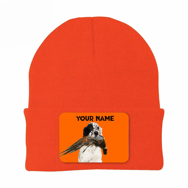 Pheasant Hunting Orange Knit Beanie Hat, Custom Name Rectangle Patch Pheasant Hunting Dogs Hat FSD4750