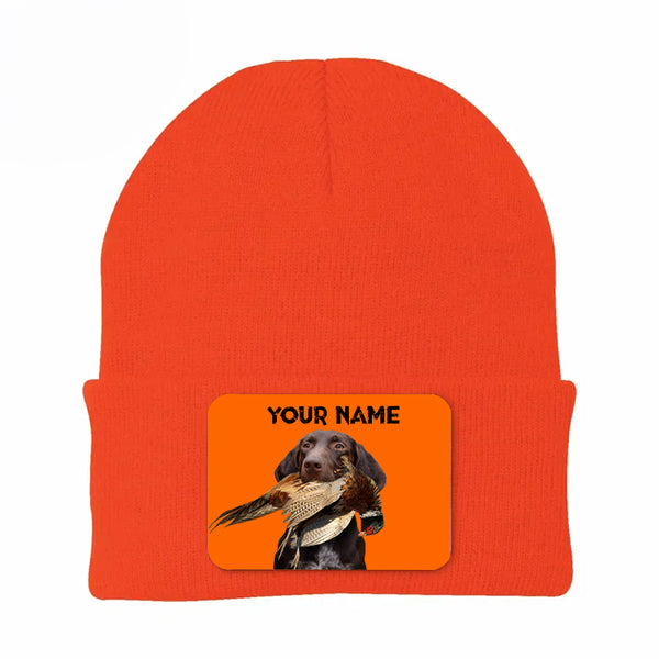 Pheasant Hunting Orange Knit Beanie Hat, Custom Name Rectangle Patch Pheasant Hunting Dogs Hat FSD4750