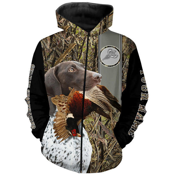 German Shorthaired Pointer Hunting Bird Dog Pheasant Hunter Camo Custom Name All Over Printed Hoodie, Long sleeve Shirt FSD2880
