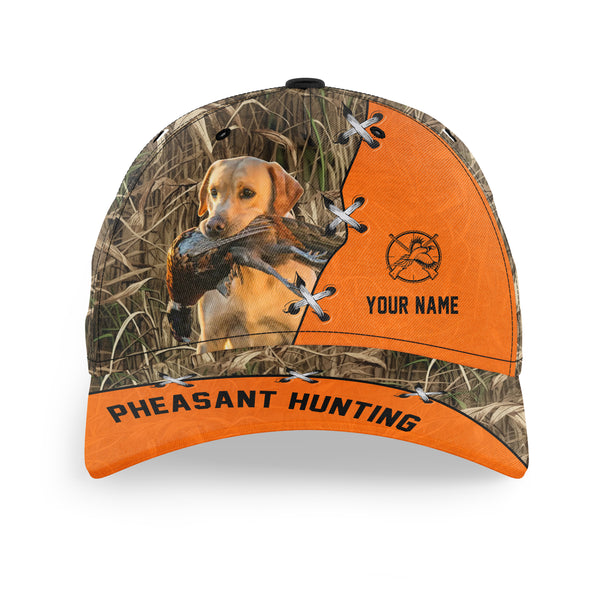 Pheasant Hunting Hat, Upland Hunting Camo and Blaze orange Customized Name with Hunting Dogs Hat FSD4216
