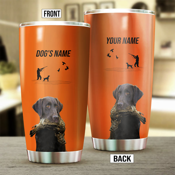 Chocolate Labrador Retriever Hunting Dog Custom names Orange Stainless Steel Tumbler Cup FSD4422